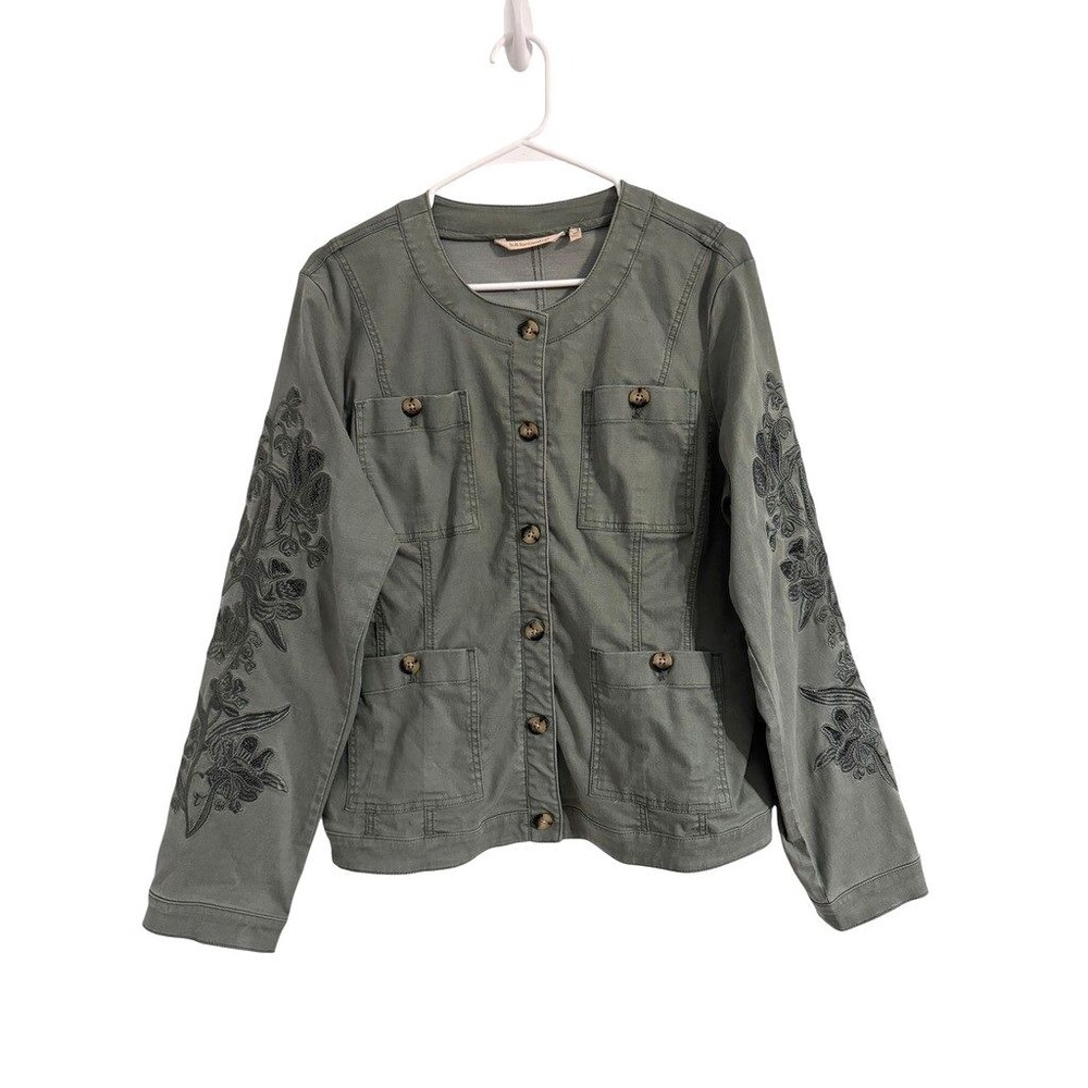 Soft Surroundings Wom MEDIUM Green Embroidered Floral Lightweight Utility Jacket
